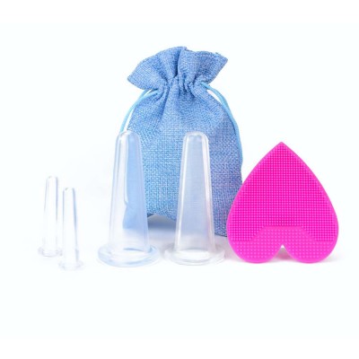 Anti Aging Effect 4 Silicone Cups Cupping with Exfoliating Brush Massage Chinese Face Onsite Training